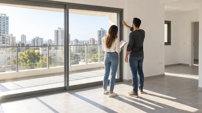 זוג צעיר בודק מסגרת חלון בדירה חדשה וריקה עם קירות לבנים ויציאה למרפסת