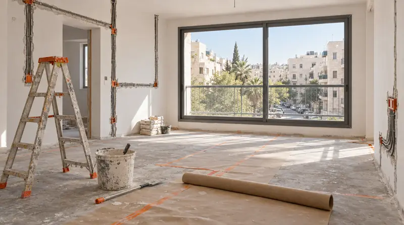 דירה בשיפוץ: רצפה מכוסה בנייר מגן, סולם, דלי טיח, קירות עם תעלות לצנרת חשמל וחלון גדול לרחוב